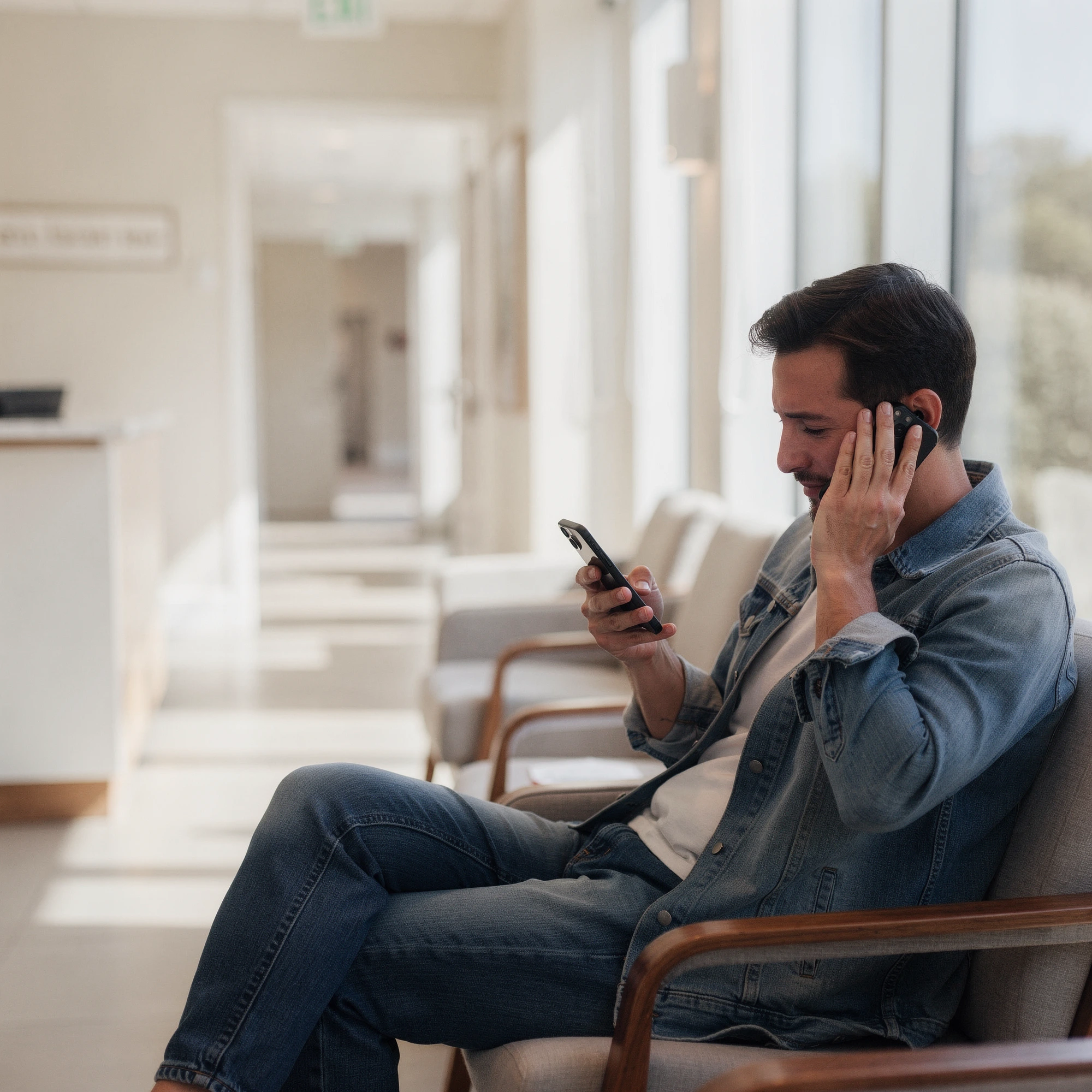 Man in dental waiting room holding his cheek while looking at his phone